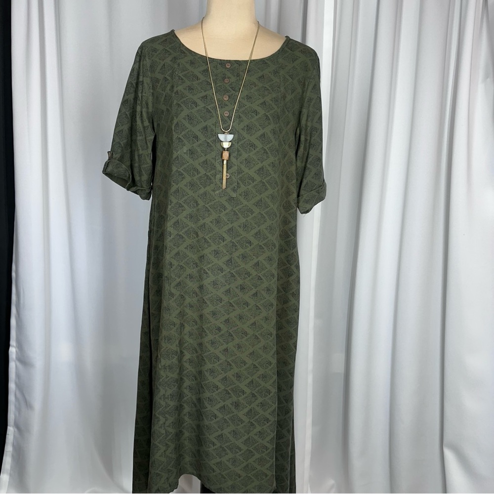 Green Geometric Midi Dress Tunic Sz XXL Asymmetric Hem India Boho Indie EUC